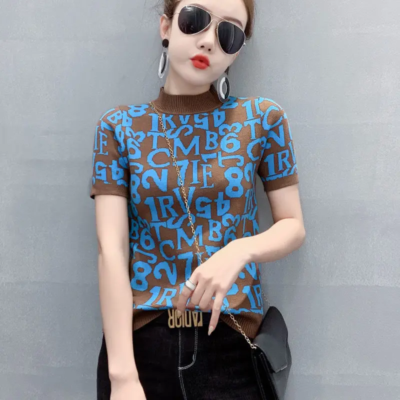 

new fashion Spring New Short Sleeve Contrast Color Letter Base Knitwear Women's Slim Fit Slim-Looking Half-Sleeved Top Trendy
