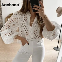 aachoae women solid color hollow embroidery cotton blouses shirts puff sleeve turn down collar shirts tops ladies chic tops