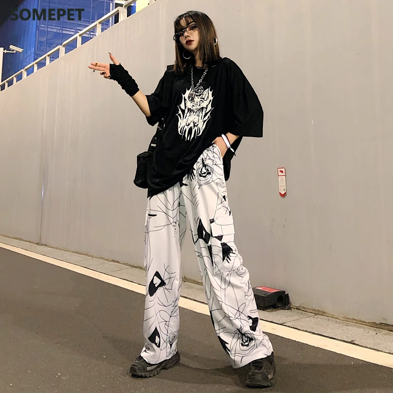 

Harajuku Style Straight Pants Women Hip-hop Dark Black Graffiti Print Loose Casual Large Pocket Korean Pants Unisex Trousers