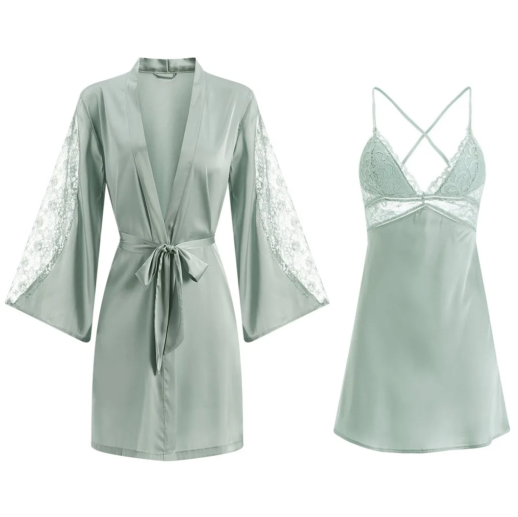 

Satin Kimono Bathrobe Gown Sleepwear Women Intimate Lingerie Silky 2PCS Sleep Set Nightdress Nightgown Lace Nightwear Intimate