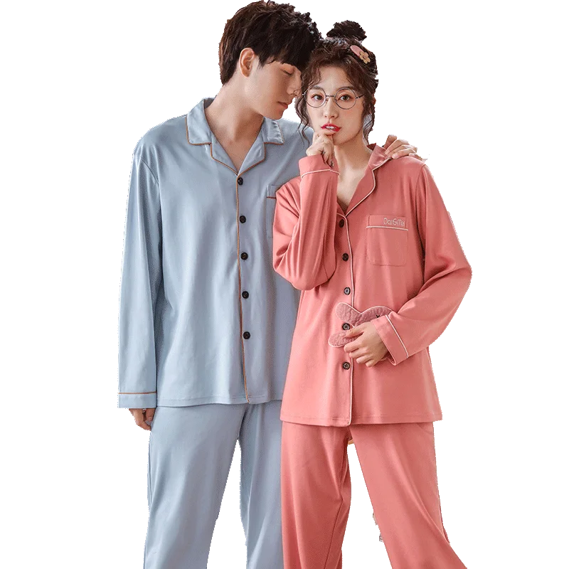 

New 100% Cotton Couple Pajamas Solid Sleepwear for Men Pajama Sets Pijamas Mujer Lover Pyjamas Homewear Women Clothing Suit