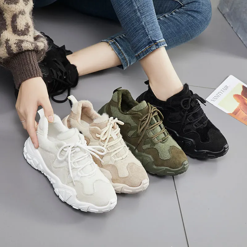 Женские меховые кроссовки теплые зимние для бега спортивная обувь на массивной