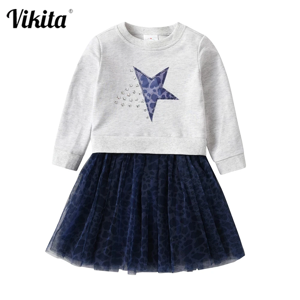 VIKITA Girls Autumn Winter Dress Children Star Clothes Birthday Party Tulle Dresses Kids Girl Casual Vestidos Girl Sweater Dress