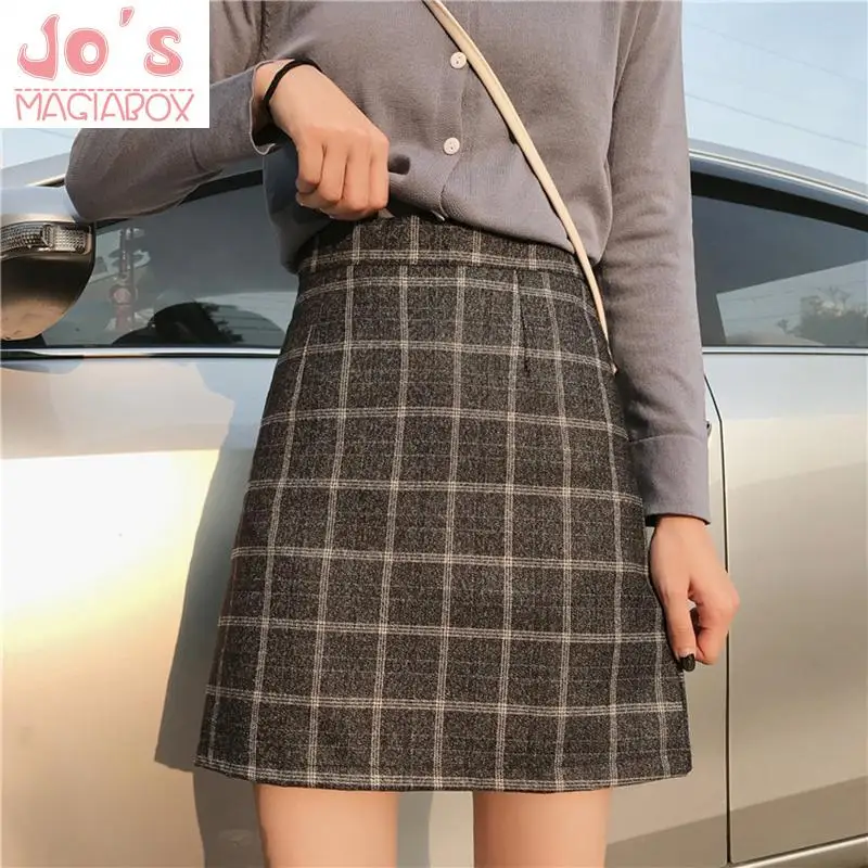 

Winter Kawaii Women Plaid A-Line Skirt Casual Korean Harajuku High Waist Mini Skirts Vintage Vogue Empire Above Knee Skirt