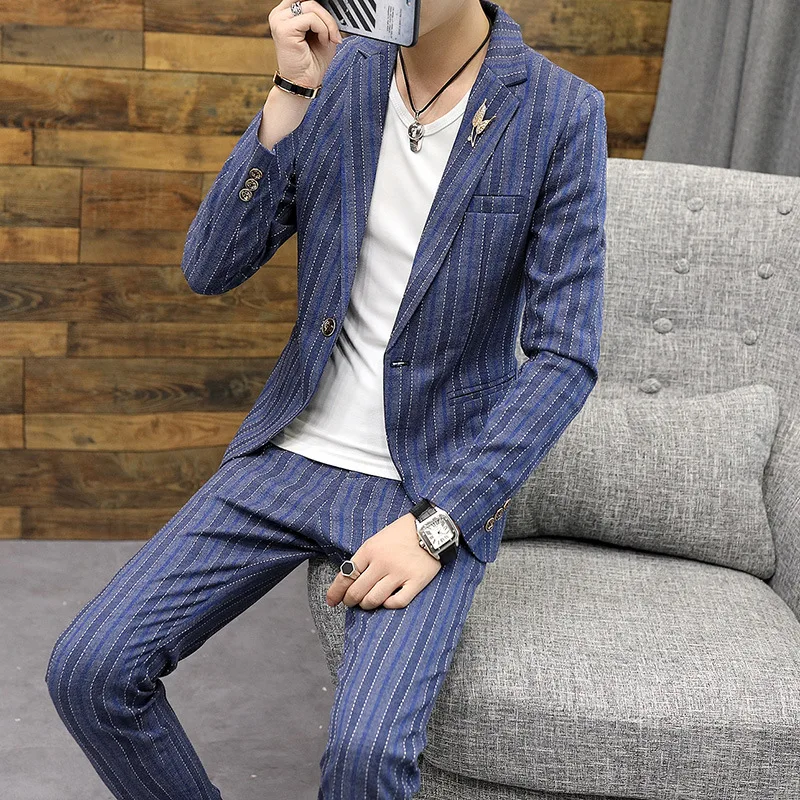 2020 мужской костюм в Вертикальную Полоску красивый жениха свадебное платье два