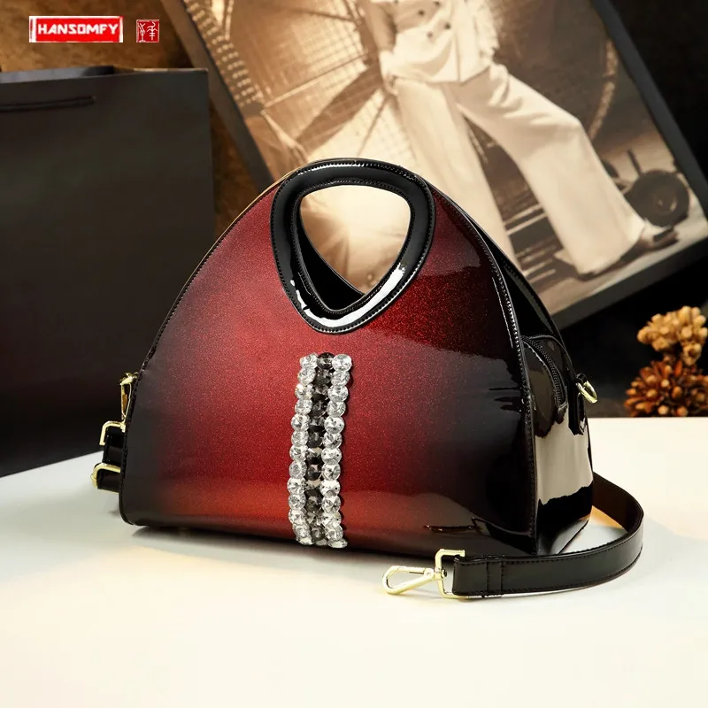 Роскошная модная женская сумка в виде ракушки из лакированной кожи со стразами