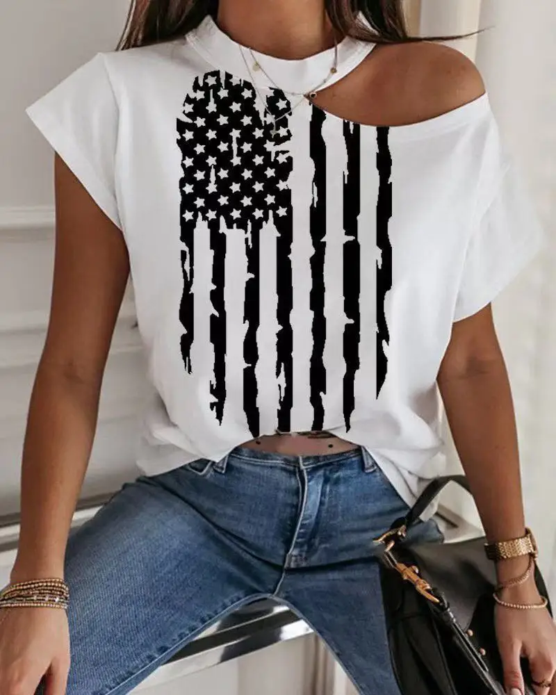 

Nice Hollow Slanted Shoulder Letters Graffiti Print Women T Shirt Summer White Short Sleeved Vogue Street Hipster Ladies Tee