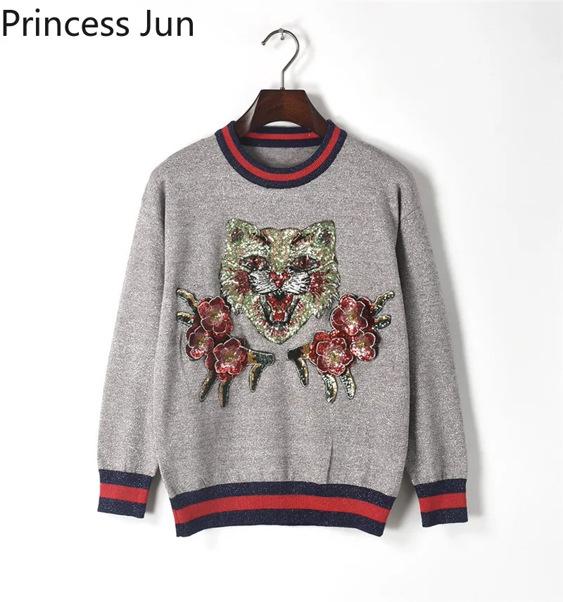 Пуловер женский весенний тонкий с тигровым принтом и блестками 2021 | Женская