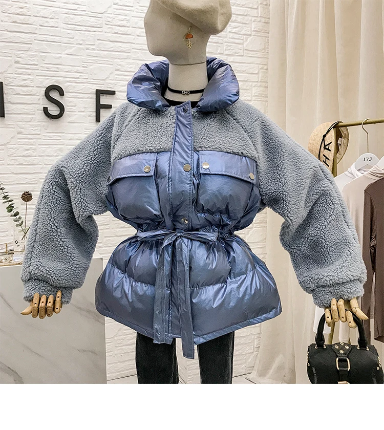 Mooirue Winter Casual Parkas Sherpa Fleece Patchwork Drawstring Lace Up Vintage Coats Harajuku Jackets Female white Coats