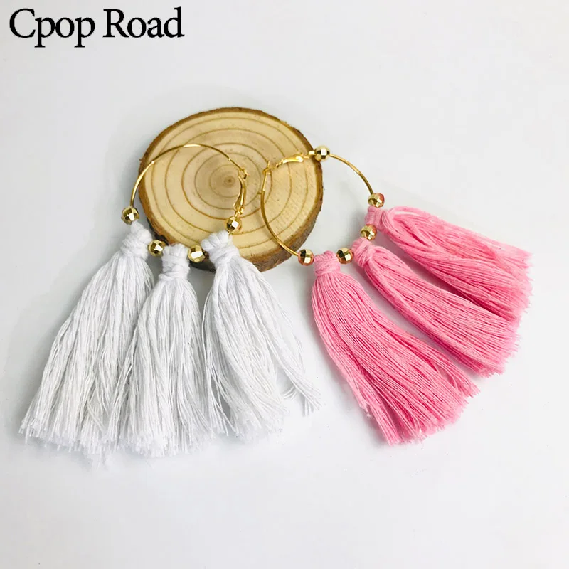 

Cpop New Simple Fashion Macrame Earring Ethnic White Pink Cotton Thread Tassel Earrings Bridesmaid Jewelry Accessories Hot Gift