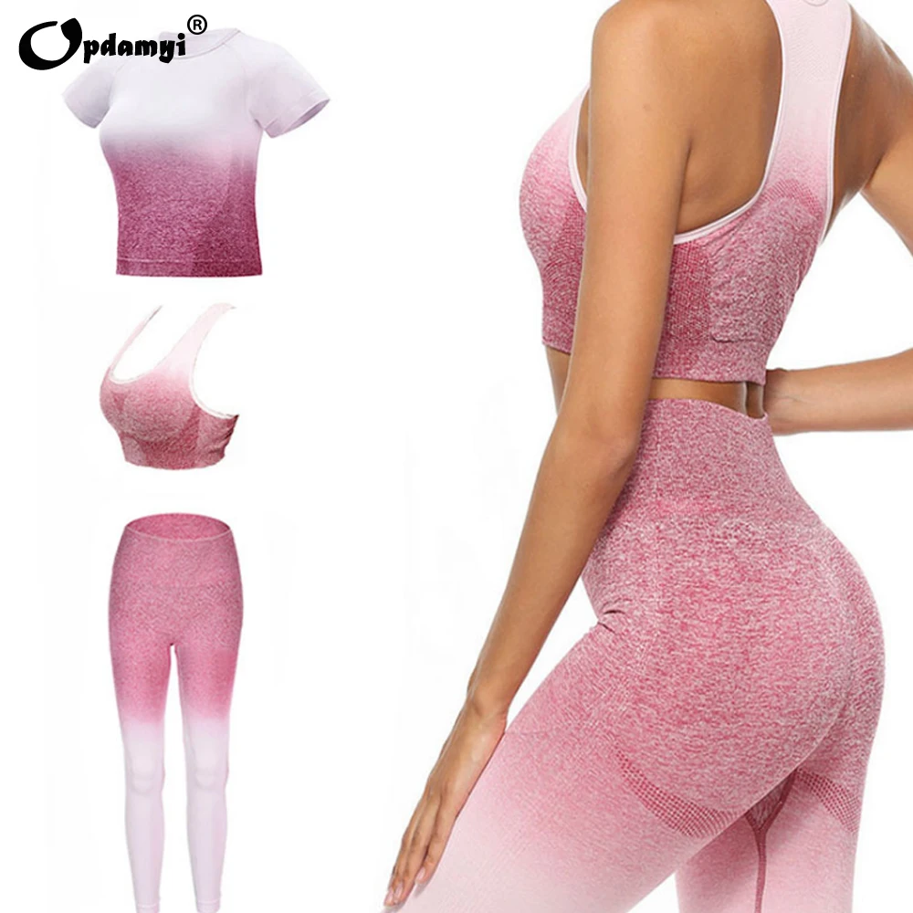 Женский спортивный костюм для йоги Омбре бесшовные леггинсы + короткий рукав