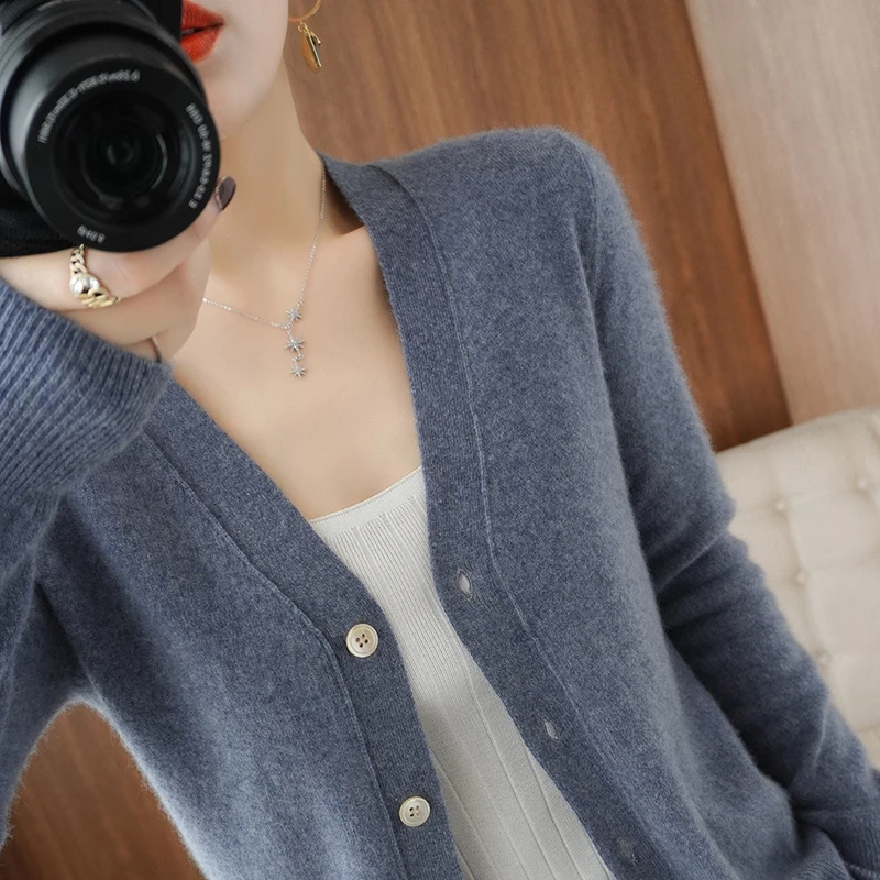 Женский вязаный кардиган однотонный кашемировый свитер из 100% чистой шерсти
