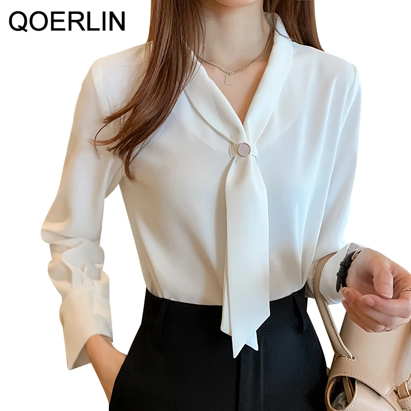 

Белая блузка QOERLIN с V-образным вырезом, рубашки с бантом и длинным рукавом, весна-осень, элегантные женские топы, блузки, рубашки, Корейская од...