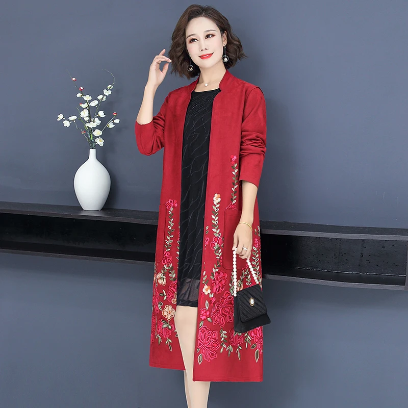 

Женский Длинный замшевый кардиган, облегающая ветровка с цветочной вышивкой, пальто большого размера 5xl, весна-осень 2020