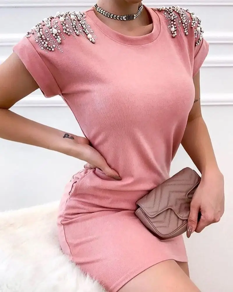 

Beaded Design Short Sleeve Bodycon Dress Women Casual Slim Fit Mini Party Dress