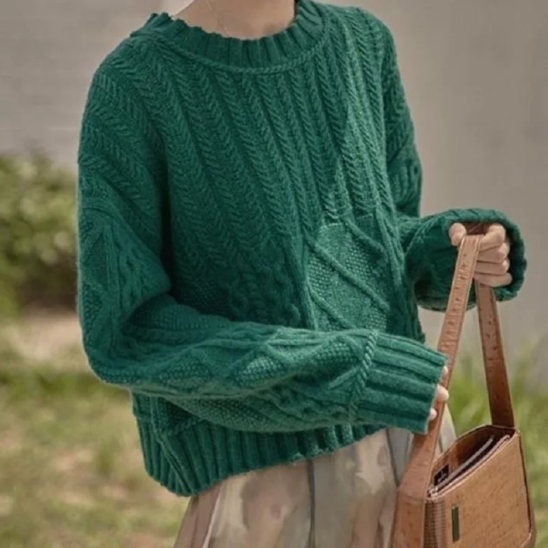 

Deeptown Korean Style Green Knitted Crop Sweater Women Elegant Vintage Solid Jumper Female Autumn Winter O-neck Loose Pullvoer