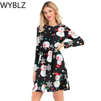 wyblz vintage floral print christmas dress round neck long sleeve a line womens dress spring autumn slim pullover dresses party