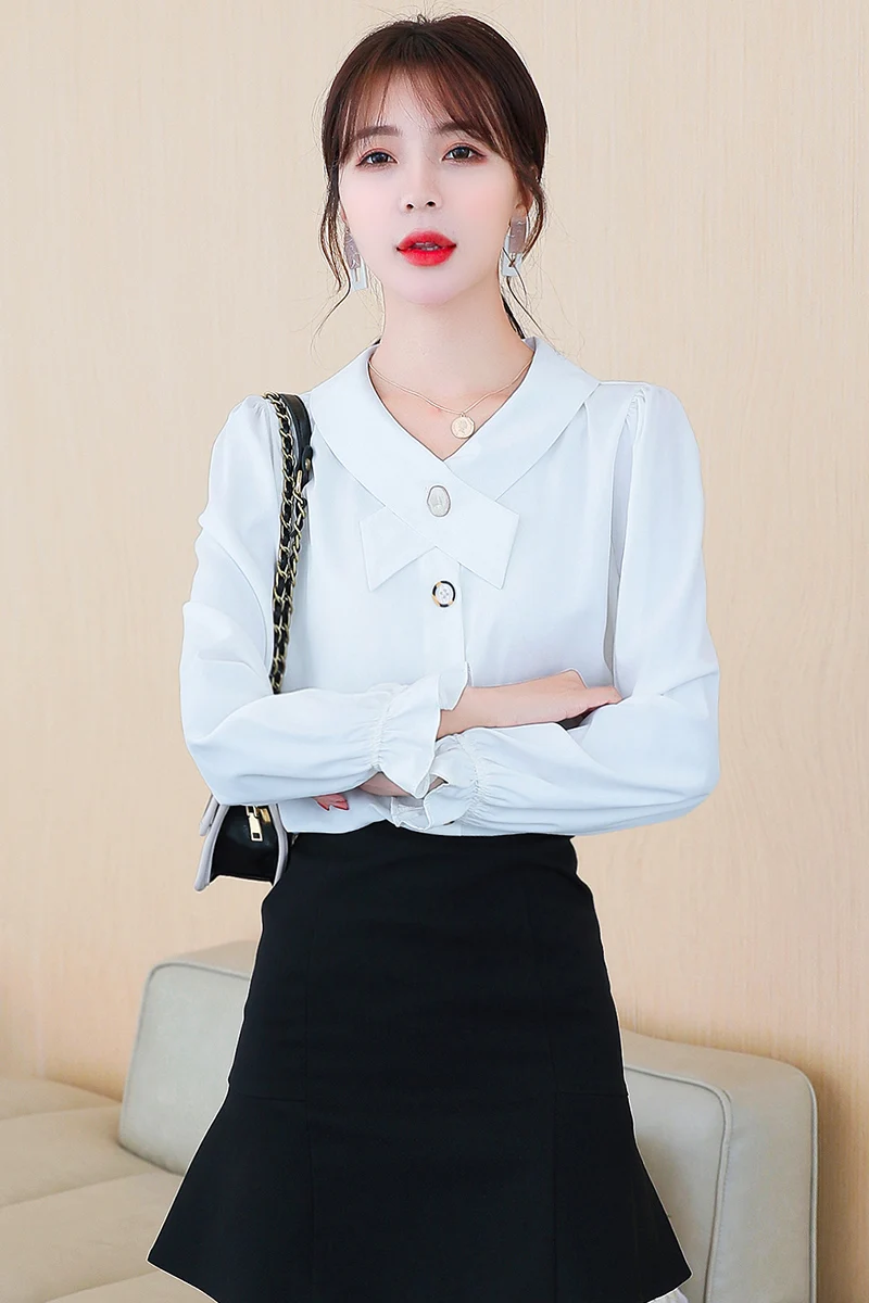 

Houthion New Long-sleeved Blouse Summer Plus Size Fashion Tops Chiffon Dropshipping V-neck Shirt Solid Color Casual