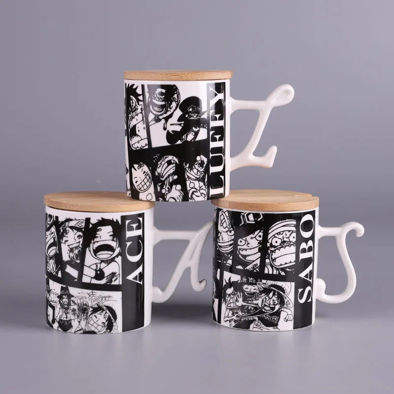 

Cartoon One Piece Coffee mug ceramic copo luffy Sabo zero ace cup with wood cover and spoon