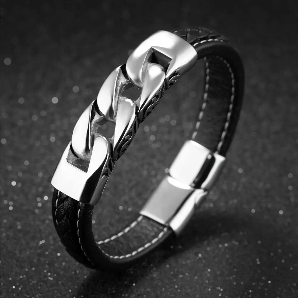 Misheng High Quality Stainless Steel Jewelry Men's Leather Bracelet Link Chain Fashion Brand Accessories 2019 Boyfriend Gift | Украшения