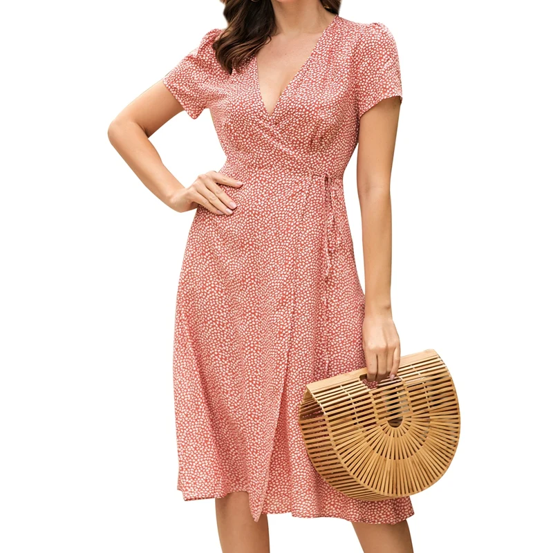 

Women's V-neck Dress Floral Dress Casual Summer Beach Dress Elegant Mid-Length Skirt