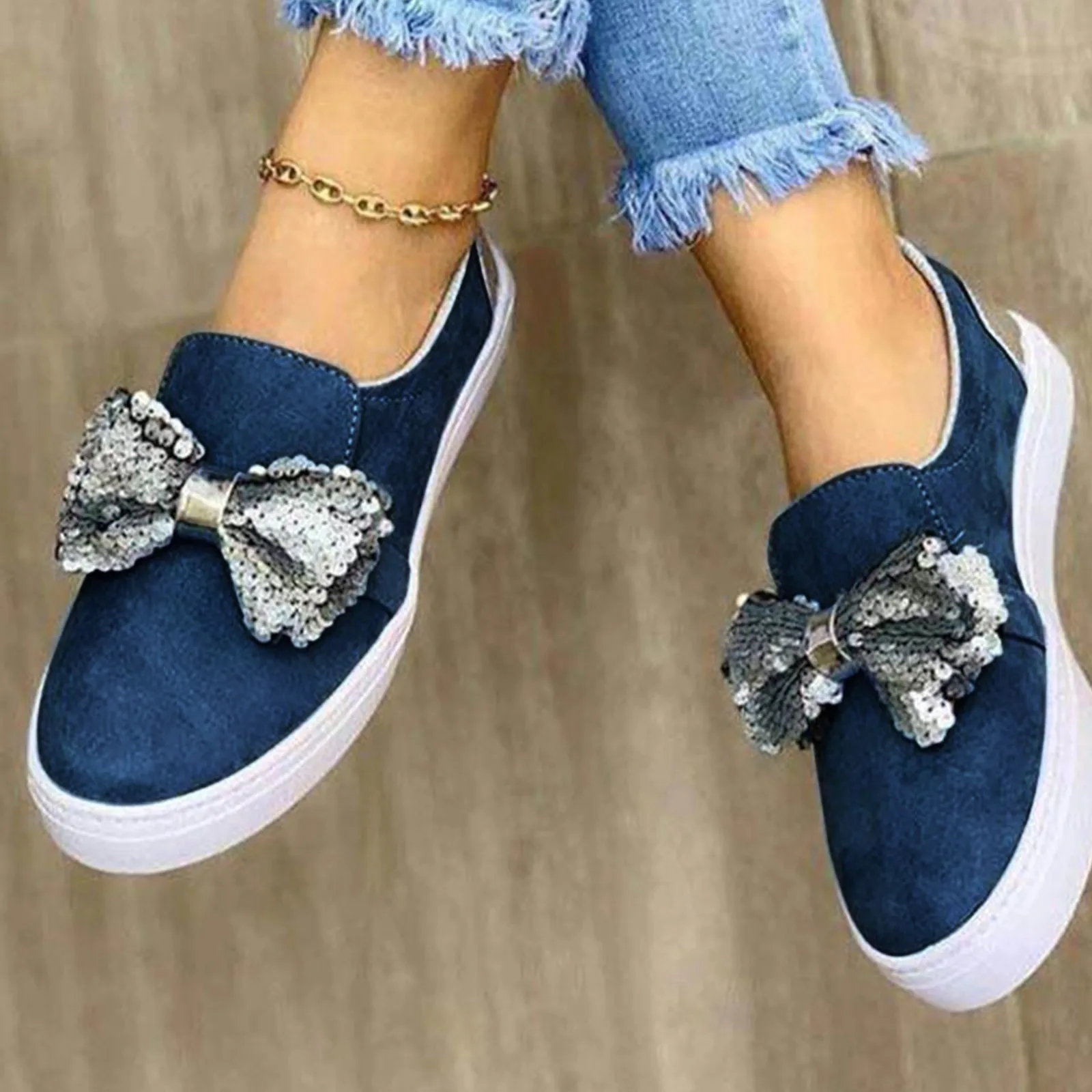 

Fashion Large Size Sequined Shoes Bow One-legged Loafers Single Shoes Round Toe Flat Heel Pumps Single Shoes Buckle Flat Shoes