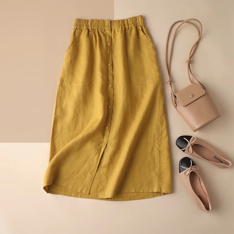 

SHUCHAN Skirts Womens Linen Vintage Young Style Mid-Calf Button A-Line 2021 Spring Summer Women Skirt Korean Style