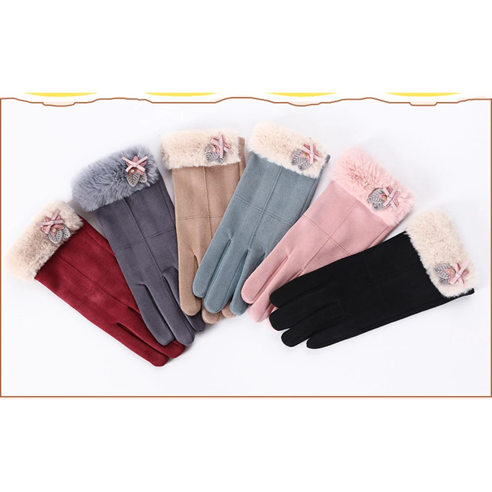 

Winter Female Double Thick Plush Wrist Warm Cashmere Cute Cycling Mittens Women Suede Leather Touch Screen Driving Glove