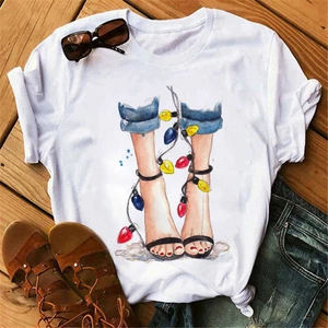 Female Summer White T-shirt  New Fashion Girl High Heel Shoes Graphic Printed Women's Casual Top T-shirt Ladies Round Neck Tops