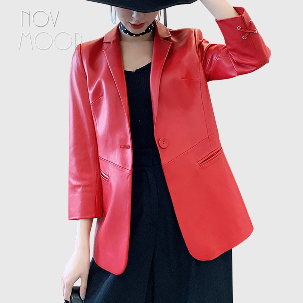 

Novmoop Korean chic style women autumn black red single button three quarter sleeve blazer coat jacket veste femme LT3147