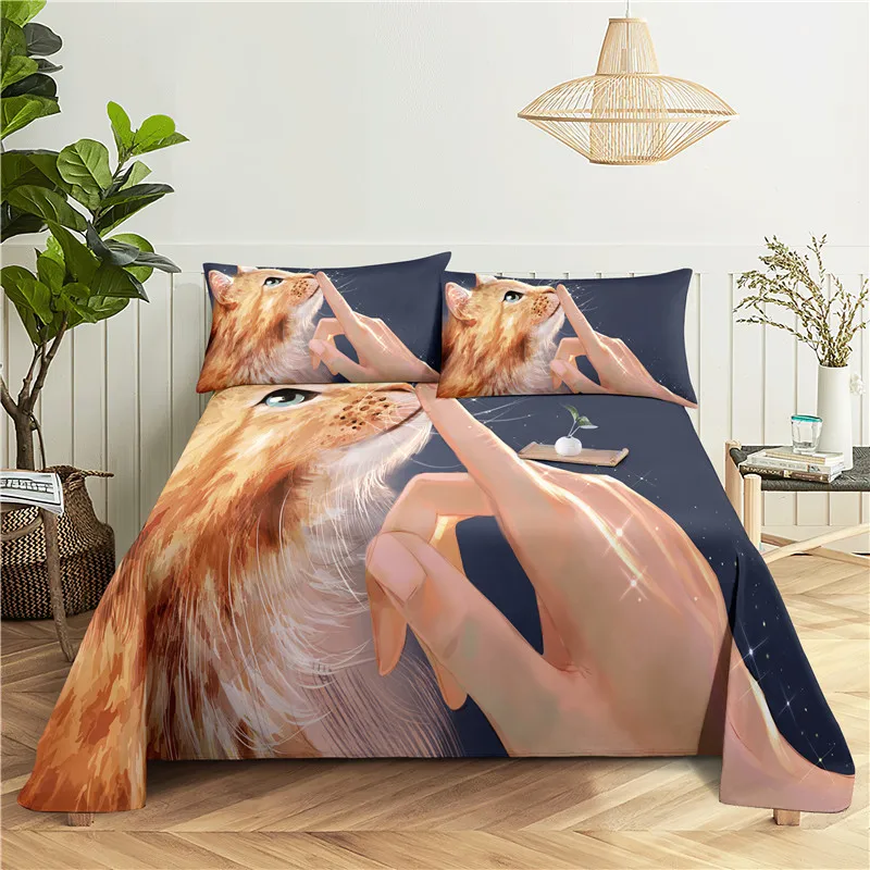 

Hand Painted Cat 0.9/1.2/1.5/1.8/2.0m Digital Printing Polyester Bed Flat Sheet With Pillowcase Print Bedding Set
