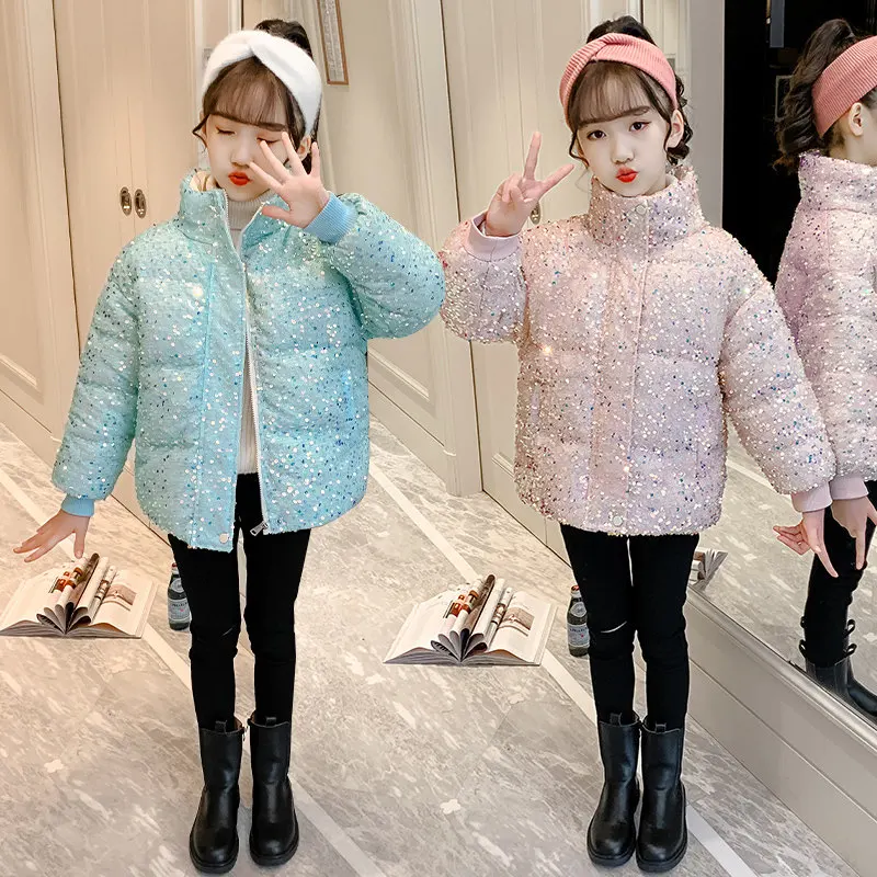 

New Winter Children's Colored Shiny Sequin Jacket Coat For Teens Girl Clothing Kids Warm Thicken Fashion Outwear With Paillettes