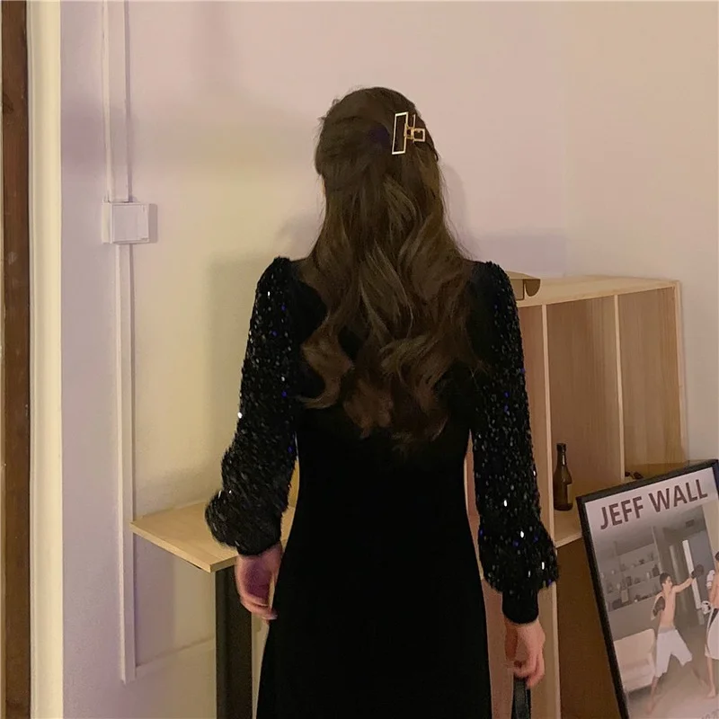 Clothing Harajpoo Female Vintage Elegant Black Sequin Stitching Velvet 2022 New Temperament Waist Harajuku Sexy Mid-Calf Dresses | Женская