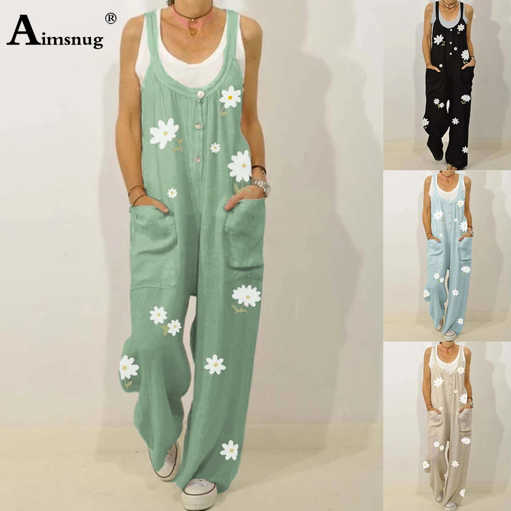 

Aimsnug 2020 Women Summer Cotton Linen Overalls Splice Button Jumpsuit Flower Print Strappy Plus size Ladies Casual Loose Romper