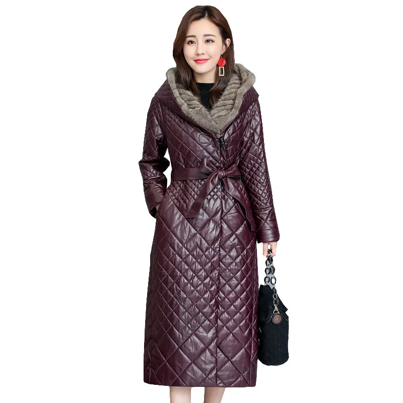 2022 Women's Winter Plus Velvet Warm Sheepskin Jacket Ladies Elegant Hooded Plus Size 5XL Loose Long Leather Coat Female OK1193