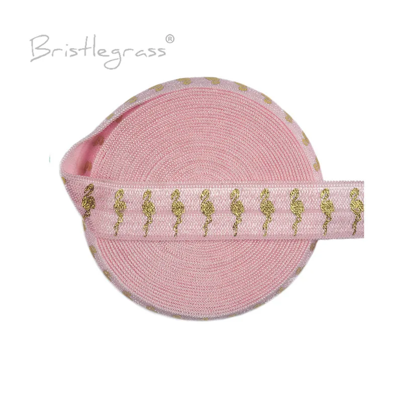 BRISTLEGRASS 5 Yard 5/8&quot 15mm Flamingo Gold Foil Print FOE Foldover Elastic Spandex Band Hair Tie Headband Tutu Dress DIY Sewing |