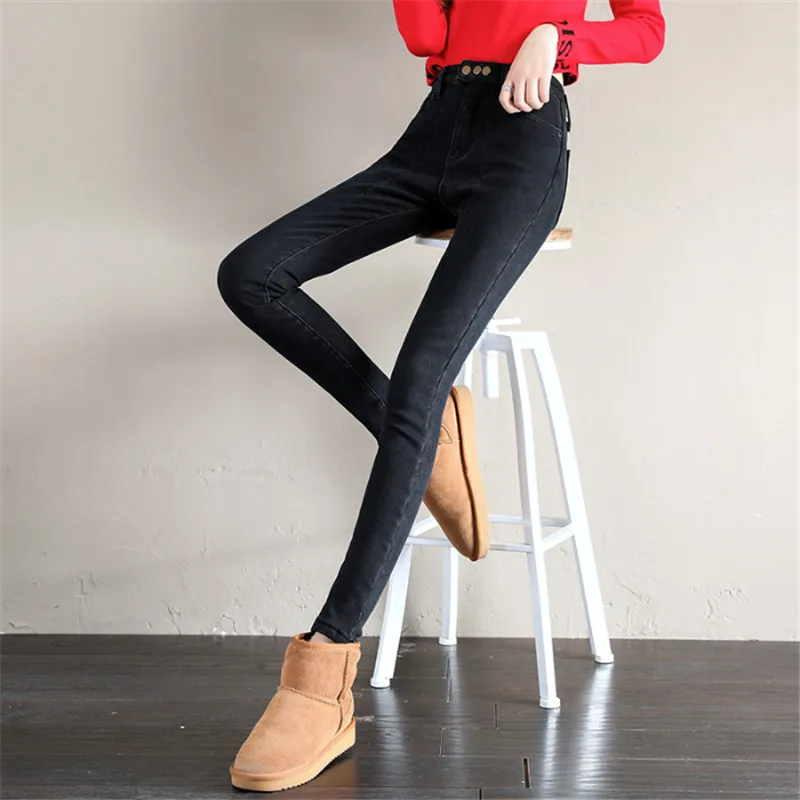 

Women Winter Warm Pencil Pants Black Slim Thickening Jeans High Waist Fleeces Denim Trousers Female Plus Size Jean Pant P9549