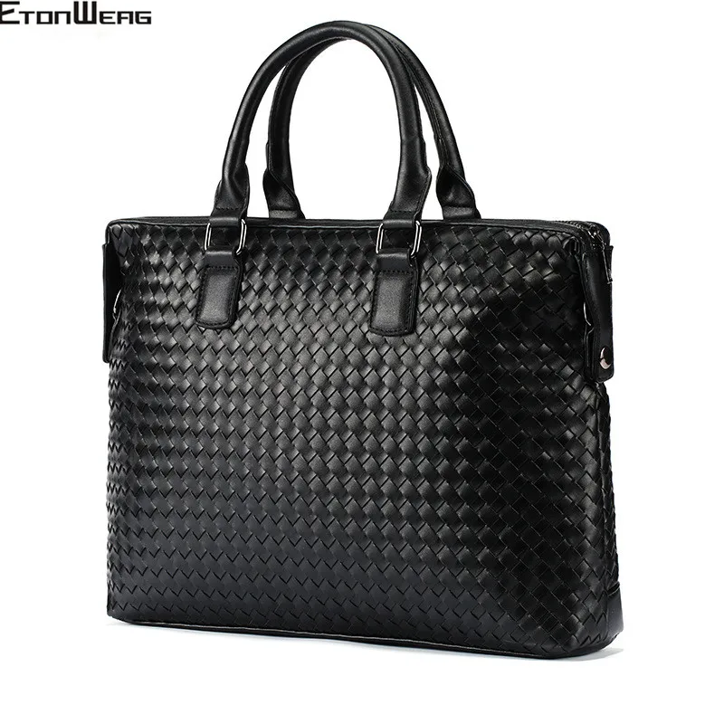 

Men's Fashion Knitting Tote Brand PU Leather women Messenger Bag Casual Woven Handbag Solid Black Laptop Shoulder Briefcase male