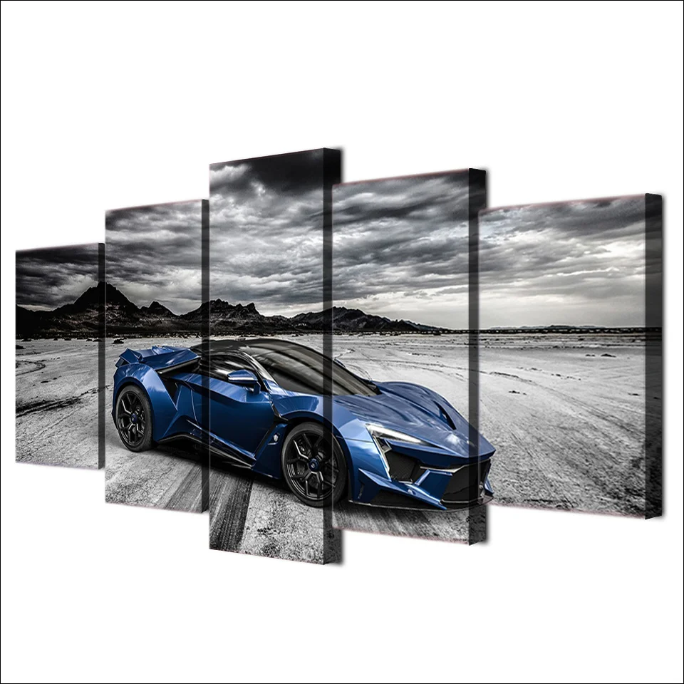 

Canvas Pictures Modular Wall Art Framed Posters 5 Pieces Cool Flashy Blue Luxury Sports Car Painting For Living Room Home Decor
