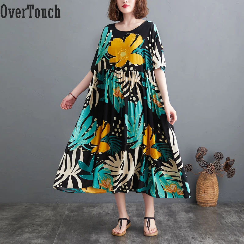 

Plus Size Dress Women Summer Sundress Vestidos Beach Flowers Print Dress 2021 Fashion Loose Casual Cotton Long Dress 5XL