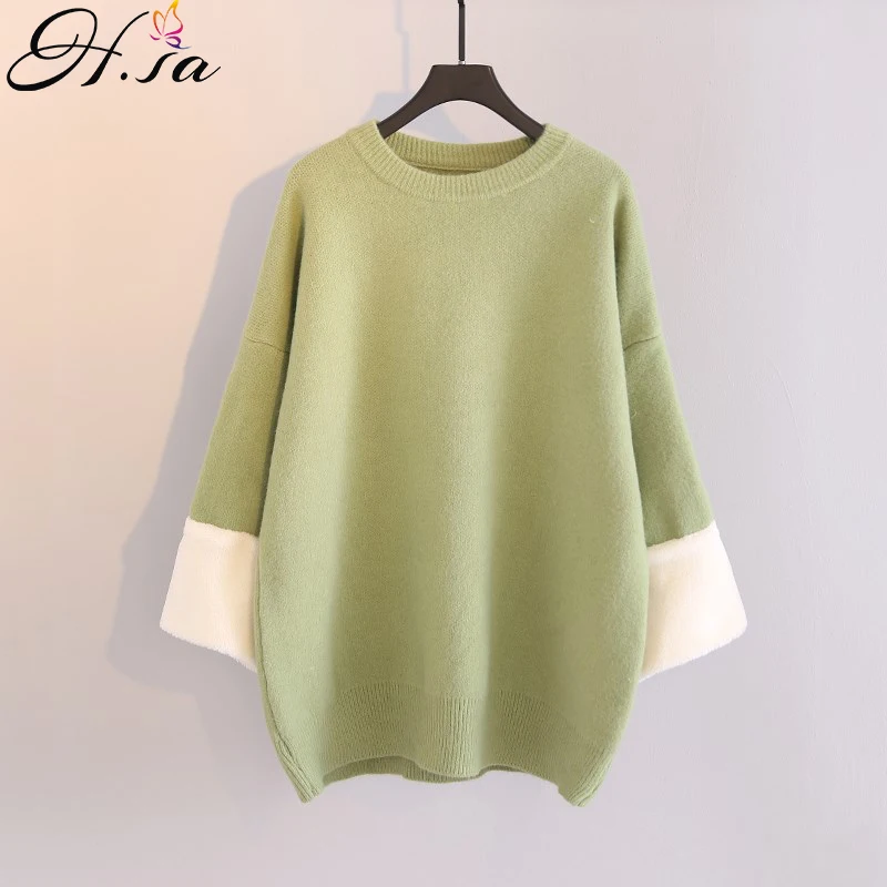 

H.SA ropa mujer invierno 2020 Patchwork Green Knit Sweater and Jumpers White Sleeve Casual Thick Warm Winter Knitwear Winter Top