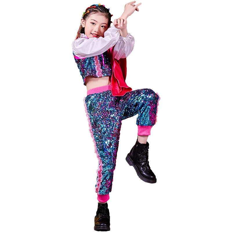 

2020 Fashion Sequin Suit Girls Jazz Dance Costume Children Catwalk Performance Dance Wear Hip Hop Dance Rave Clothes 120-170CM