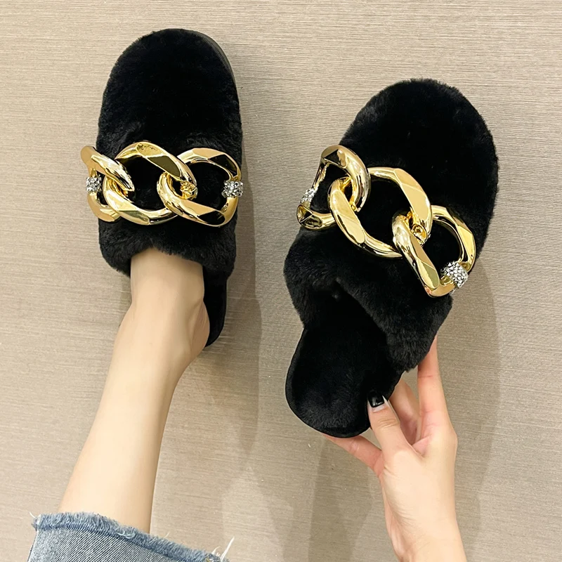 

2021 Winter Fur Keep Warm Women Slippers Keep Warm Baotou Home Fashion Rhinestone Chain Design Bedroom Faux Fur Flat Slippers