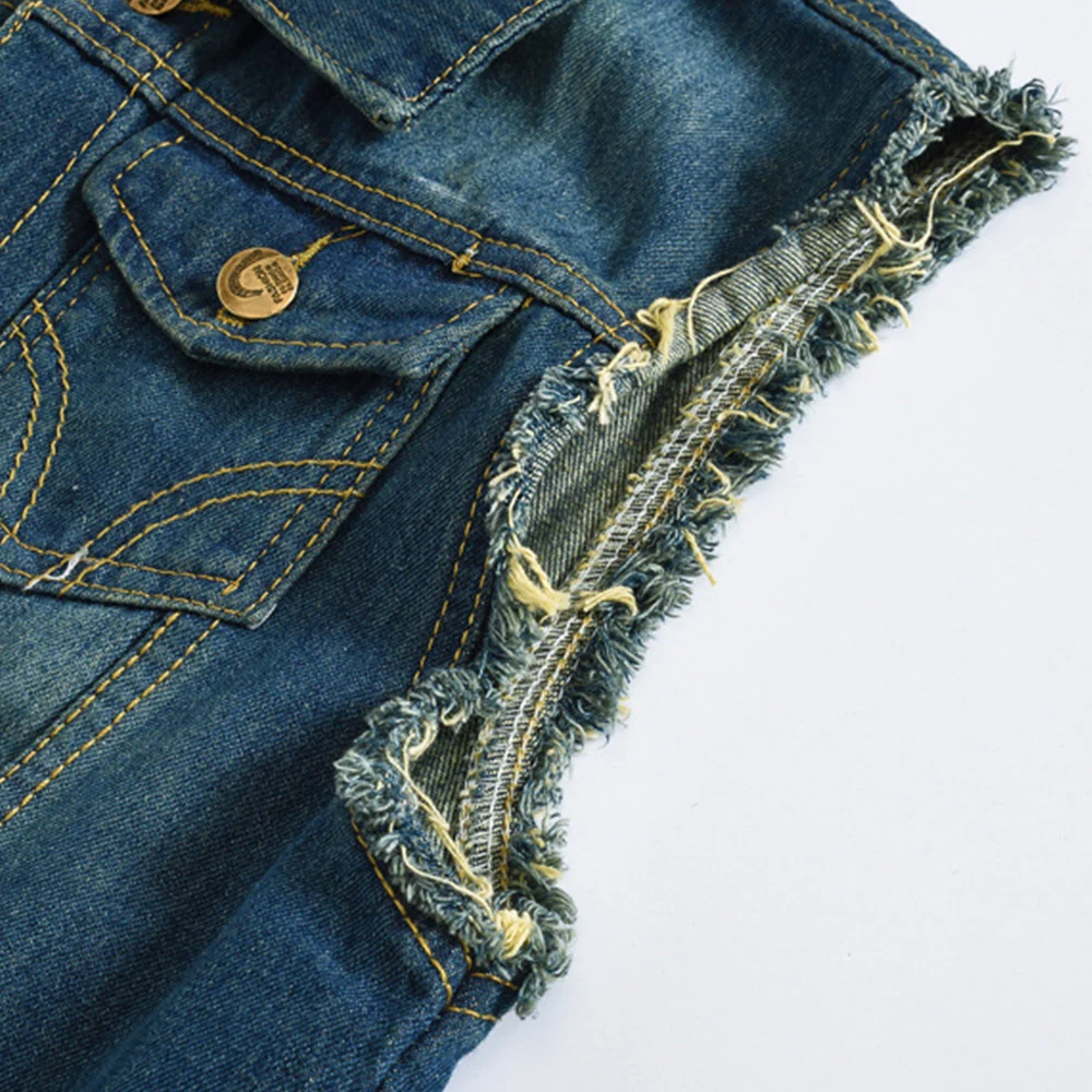 Мужской рваный джинсовый жилет винтажный с дырками темно-синее однобортное