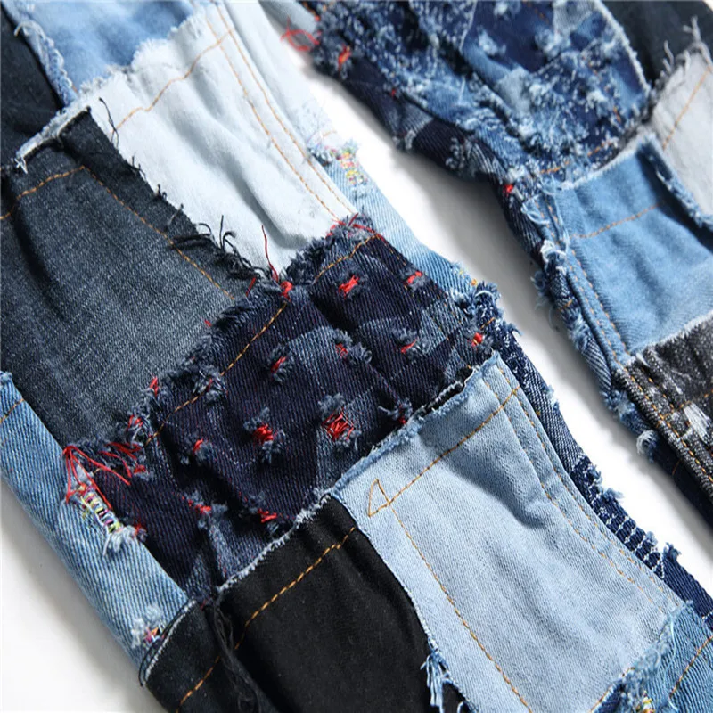 

AUTUMN Winter Men's Patchwork Ripped Embroidered Stretch Jeans Trendy Holes Straight Denim Trouers