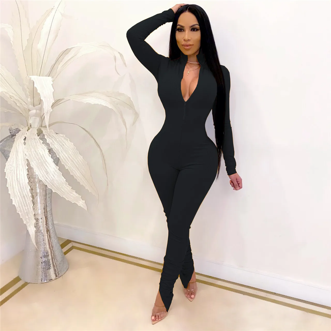 

2020 Women's Solid Stretch Jumpsuits Autumn Long Sleeve Trousers One Piece Bodycon Fitness V-Neck Rompers Gym Sexy Jumpsuit