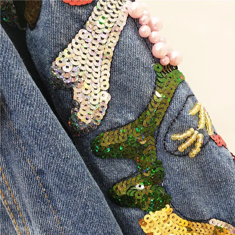 

Fad Women Glitter Sequin Denim Jacket Womens Jackets And Coats Streetwear Holes Beading Jeans Jacket Outerwear Chaqueta Mujer