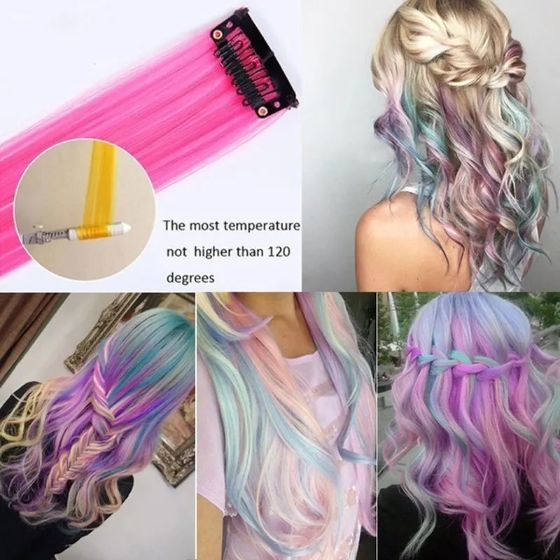 

Rainbow Hair Streak Multicolor Straight Hair 55cm Hair Clip In Highlight Hair Strands on Clips Hair Braids Kids Hair Accessories