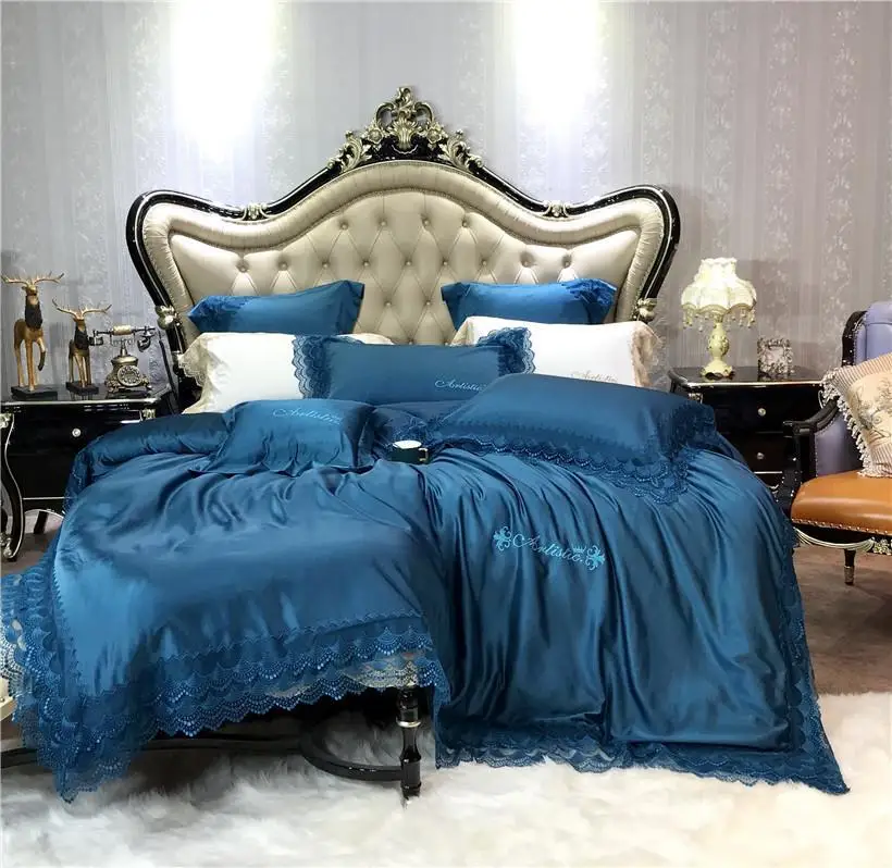 

Chic Shabby Lace Duvet cover Navy Blue Satin and Cotton Bedding set Luxury Silky Ultra Soft 4/7-Pcs King Queen size Bed sheet