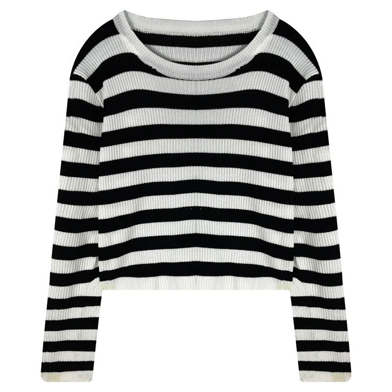 

Top Long Sleeve Autumn New Style Women's Wear Versatile Stripe Knitted Bottoming T-Shirt Short Round Neck Korean Version Fashion